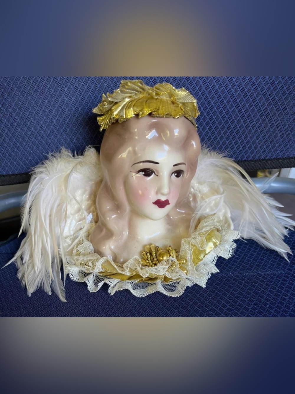 Vintage Unique Creations Porcelain Angel Bust with Real Feather Wings - 6"